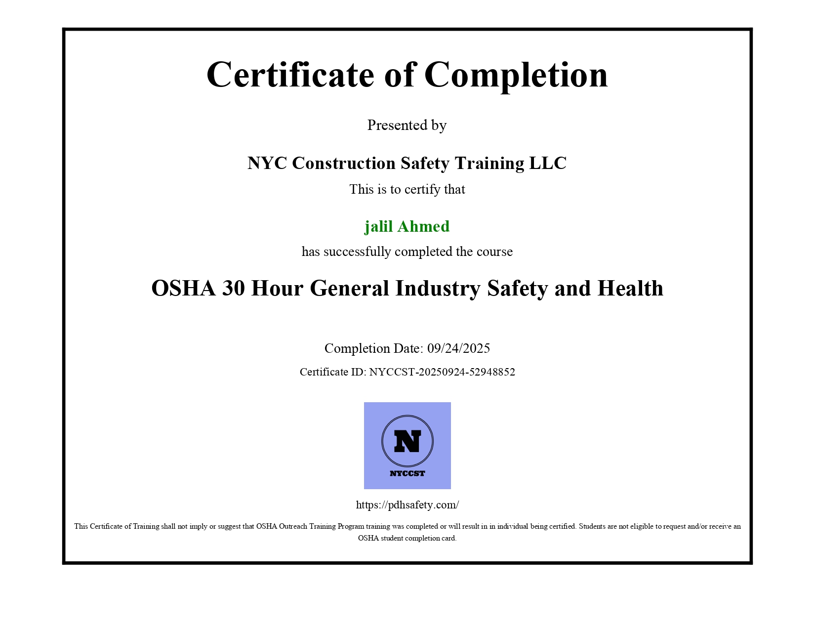 OSHA Certificate